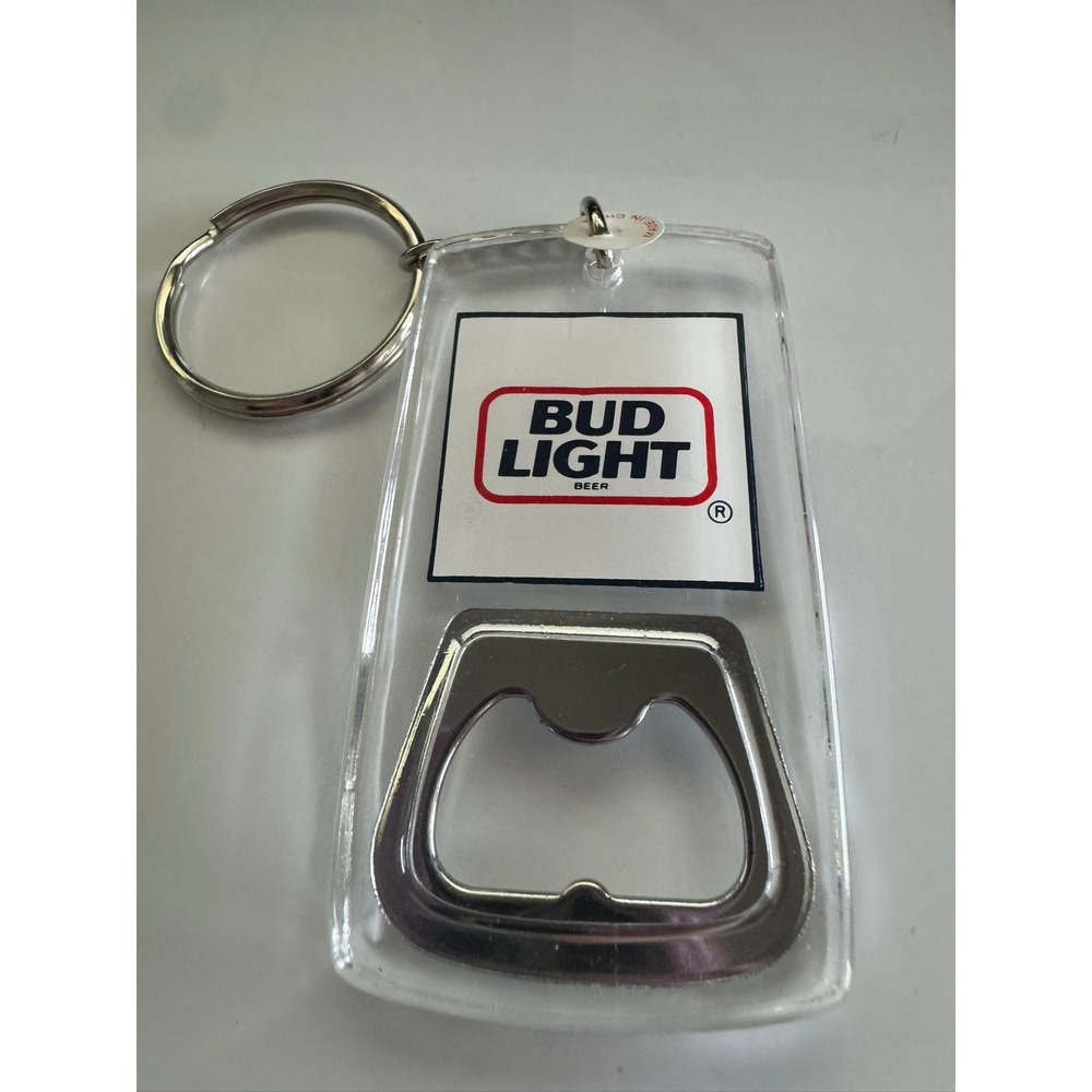 Vintage Bud Light Beer Bottle Opener Keychain Clear Acrylic Rectangular Retro
